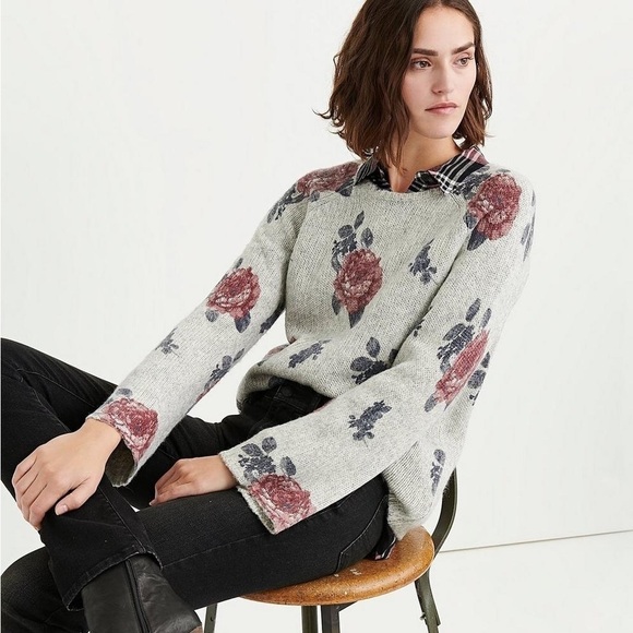 Lucky Brand women’s floral cotton wool boxy sweater grey pink size large - Picture 1 of 7